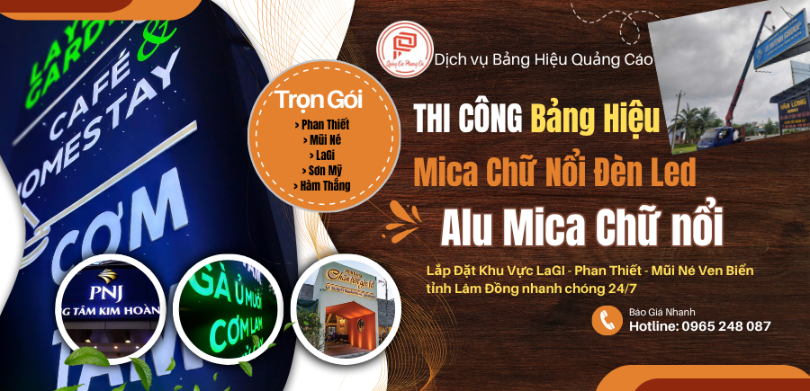 Làm bảng hiệu alu mica chữ nổi đèn led tại Phan Thiết